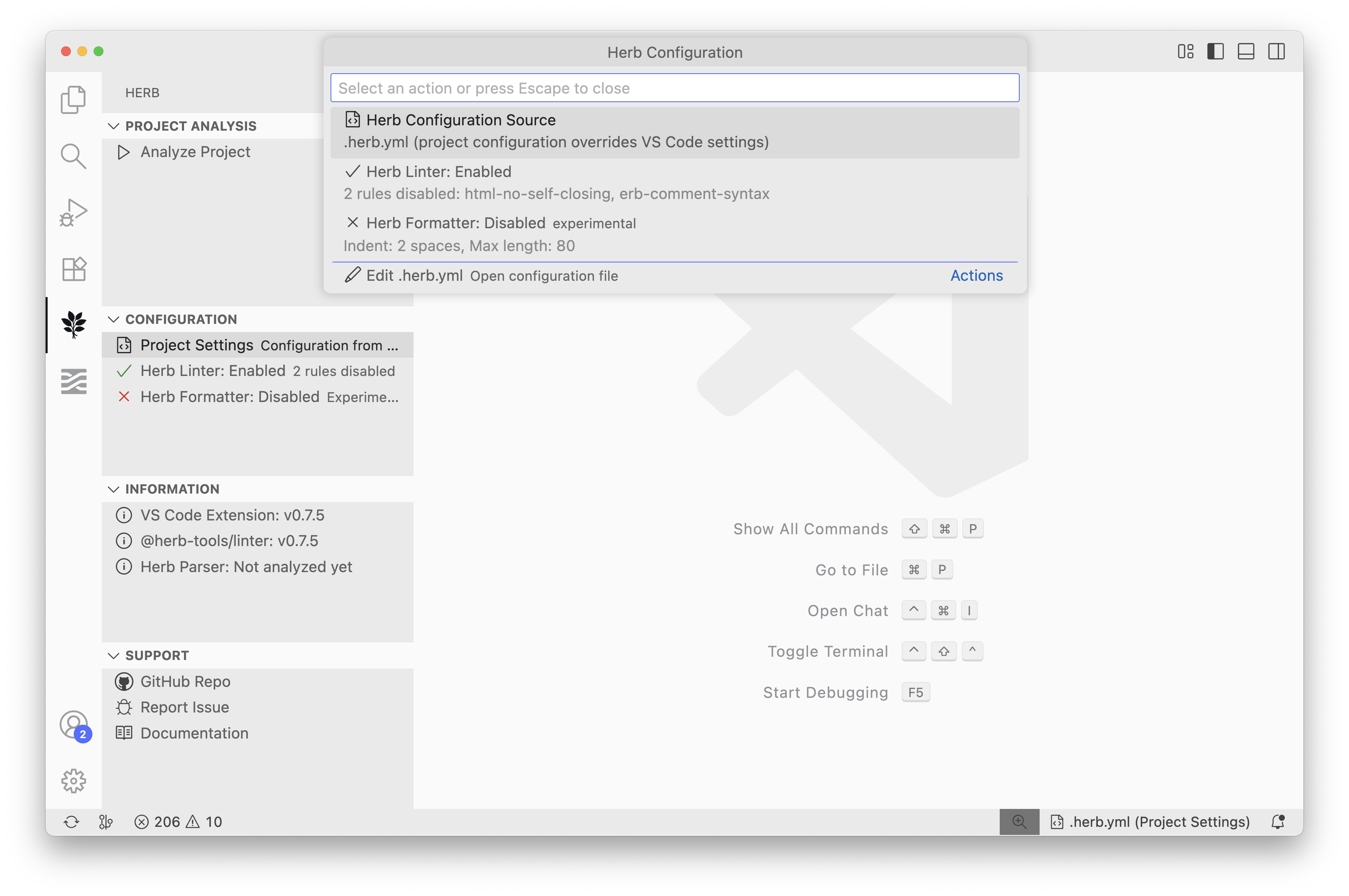 Herb configuration menu in Visual Studio Code showing enabled tools